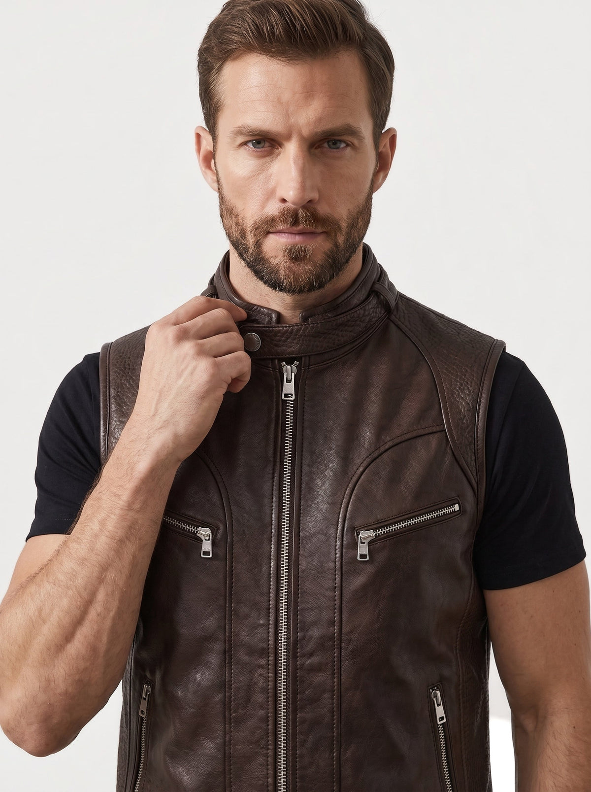Gilet Racer en cuir Maison Varenne, coloris brun