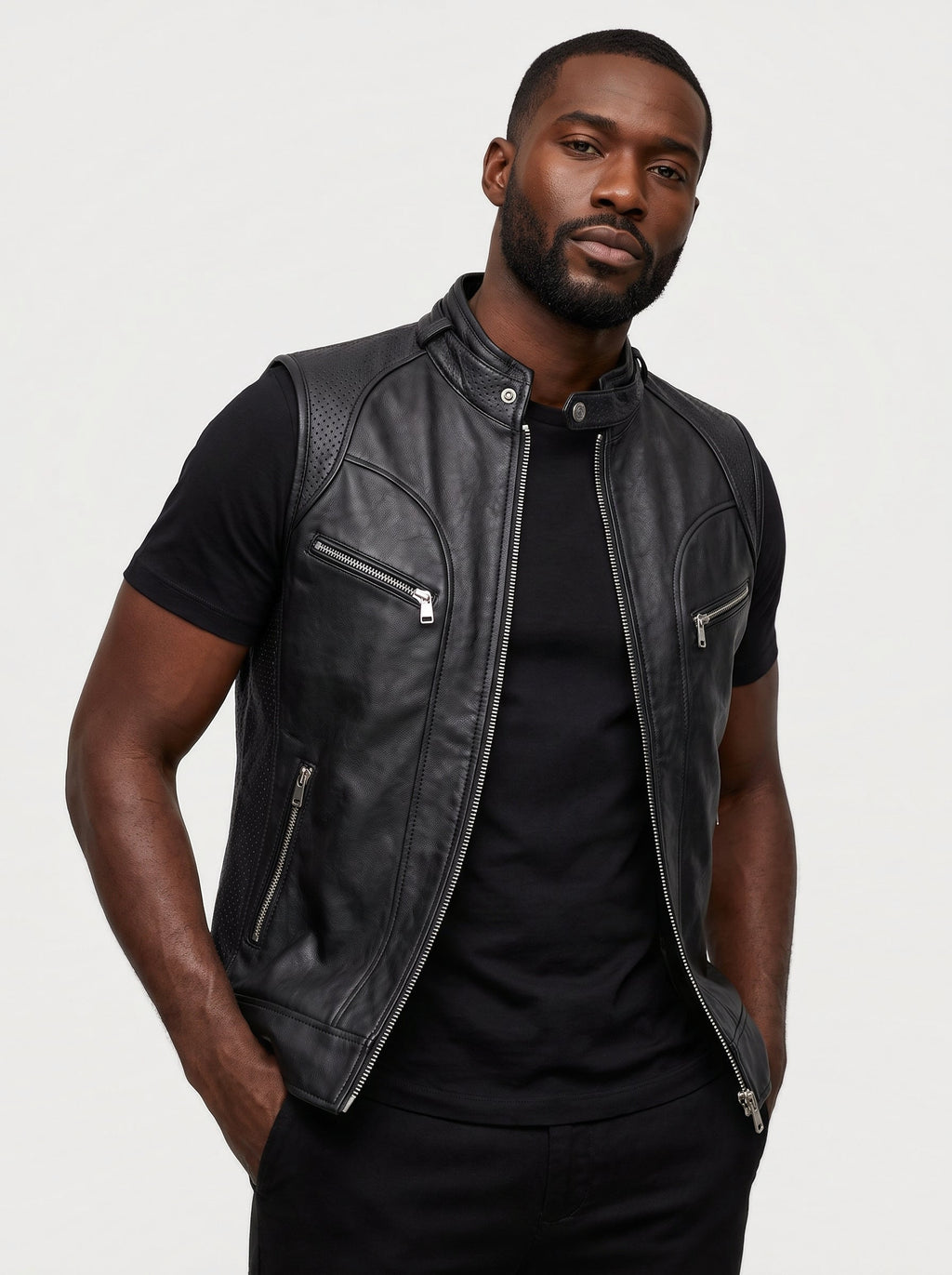 Men's black leather racer vest