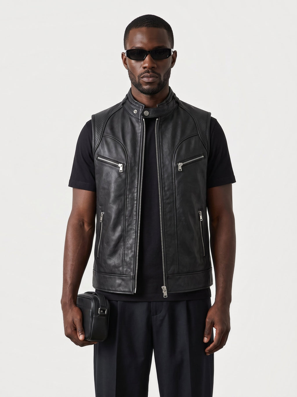 Men's black leather racer vest