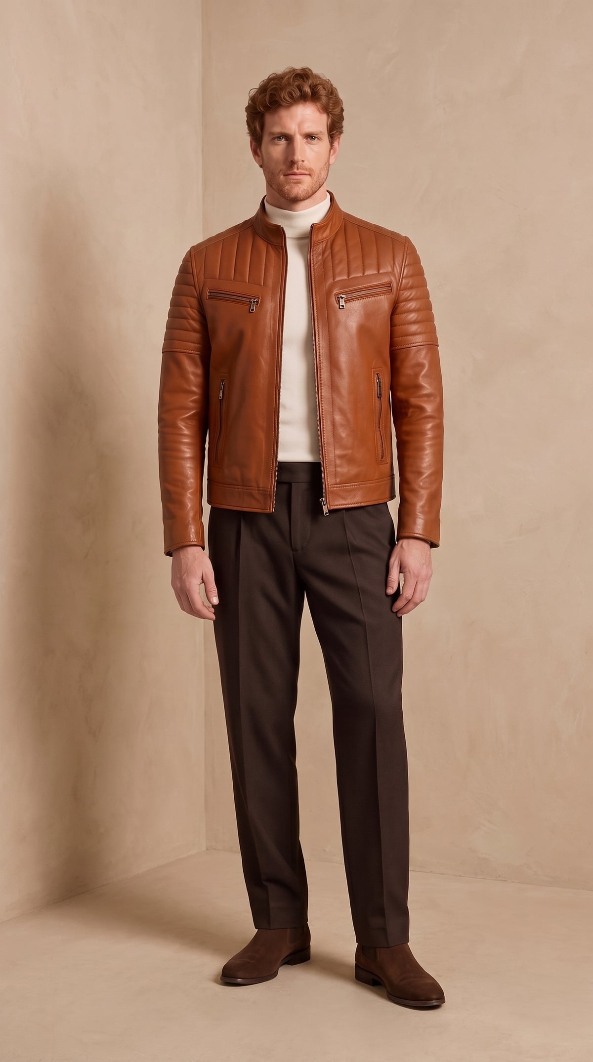 Racer en cuir d’agneau matelassé — Cognac — Varenne