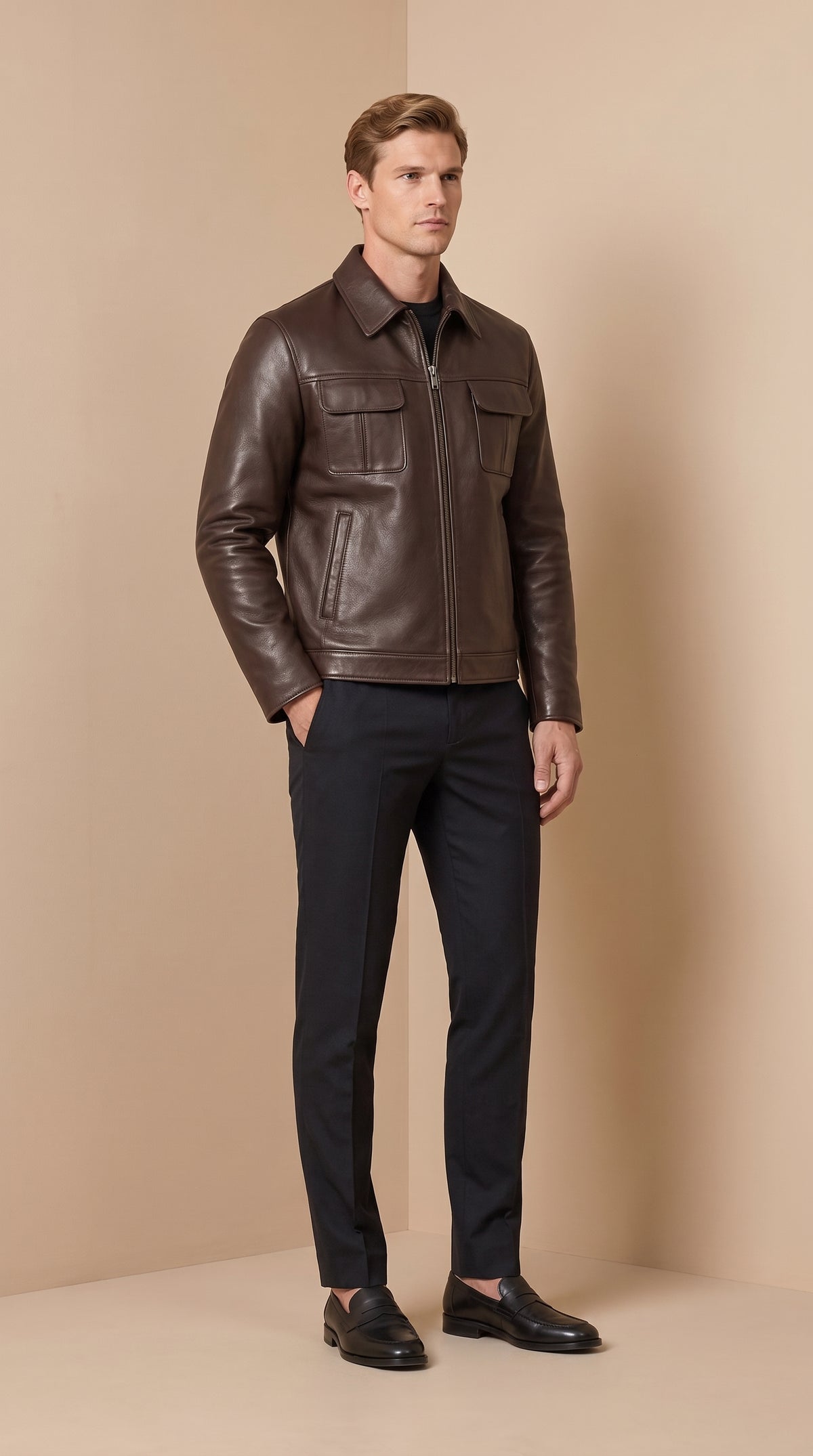 Veste-chemise Varenne en cuir d’agneau chocolat lisse, portée par un mannequin
