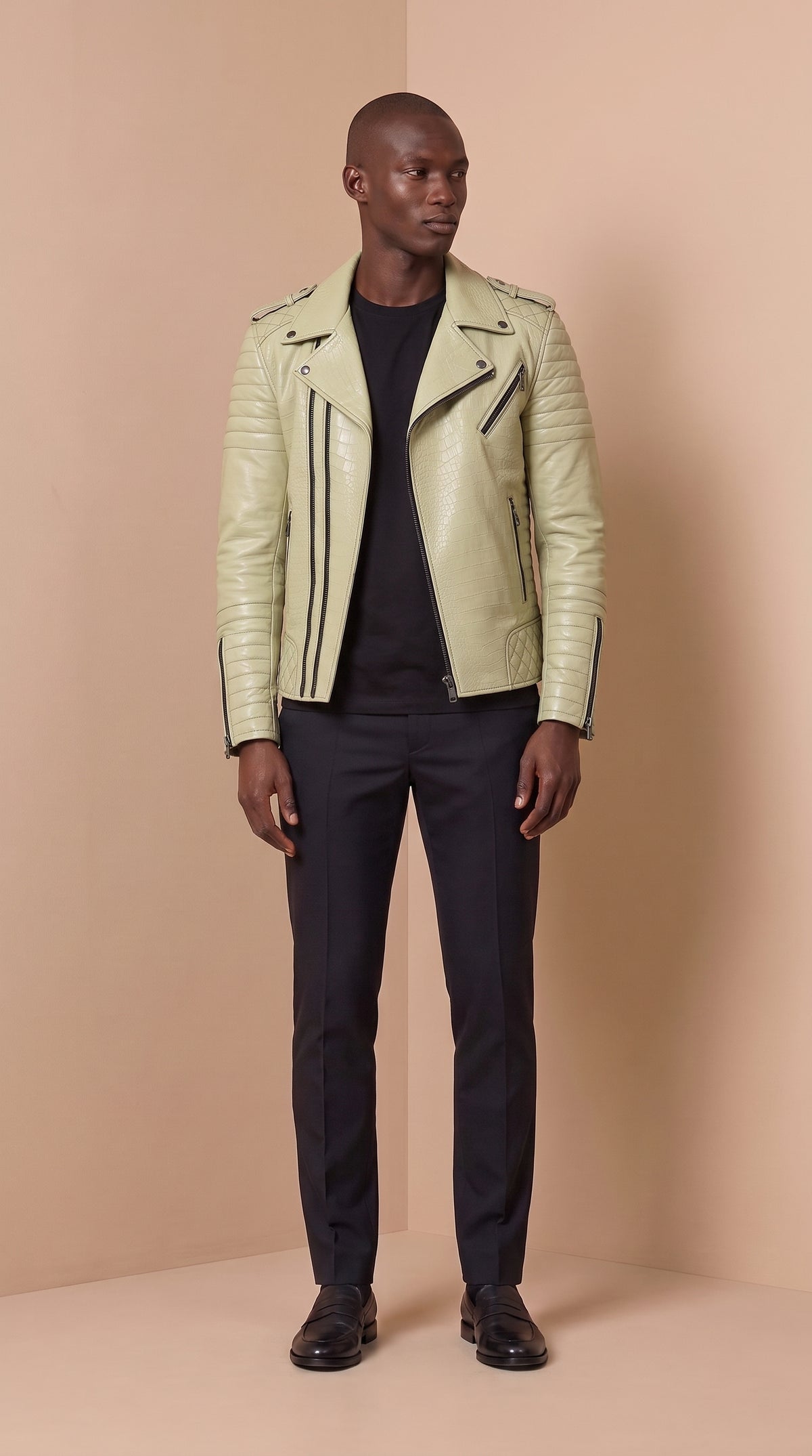 Perfecto en cuir d’agneau — Sauge effet croco — Varenne