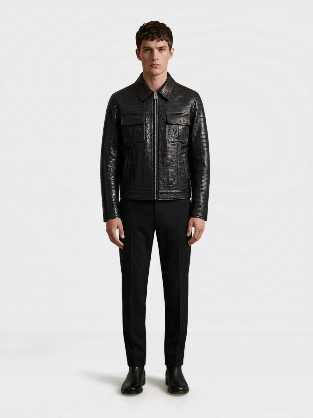 Men's black croc-effect lambskin leather overshirt, worn by a model