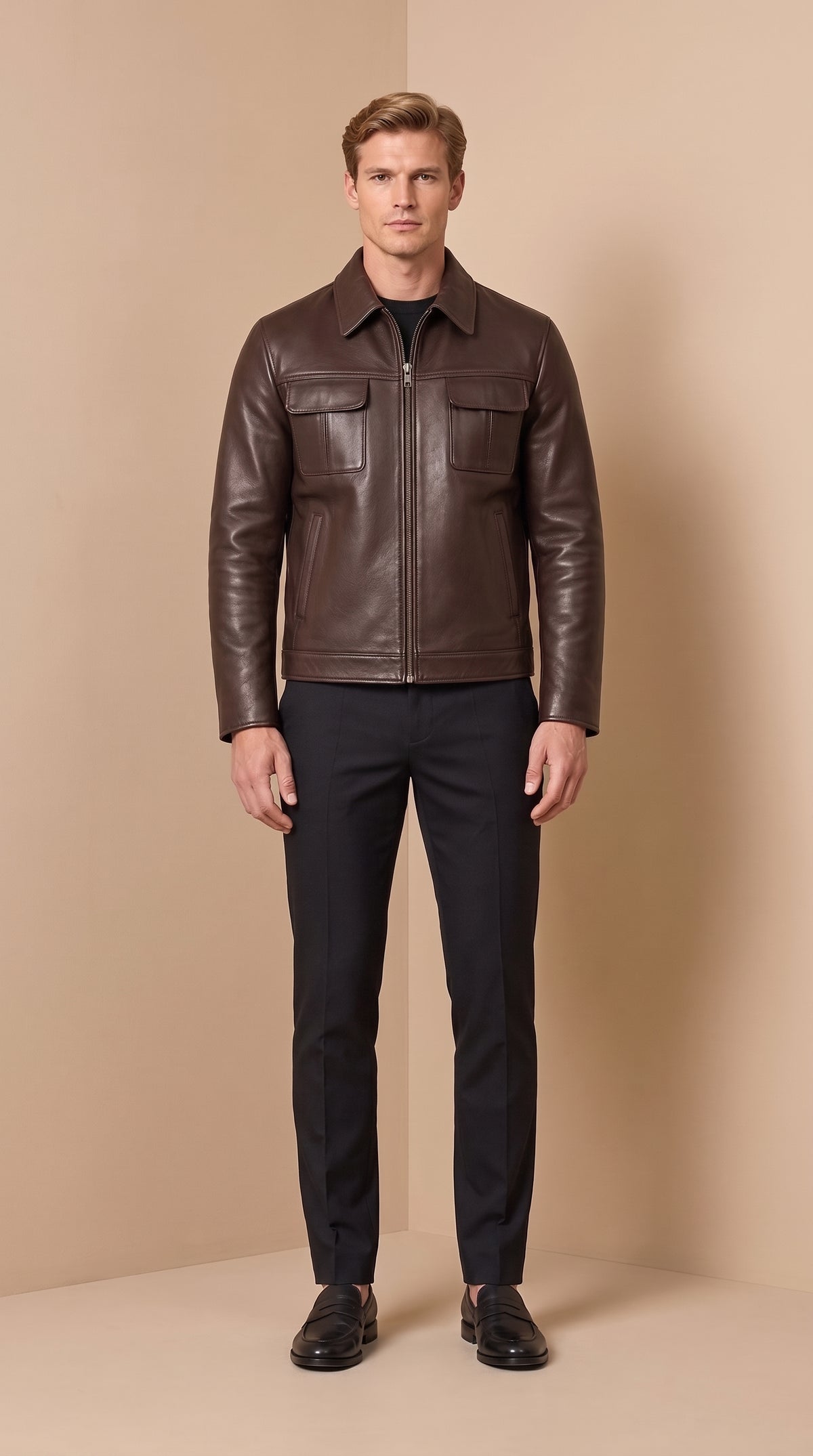 Veste-chemise Varenne en cuir d’agneau chocolat lisse, portée par un mannequin