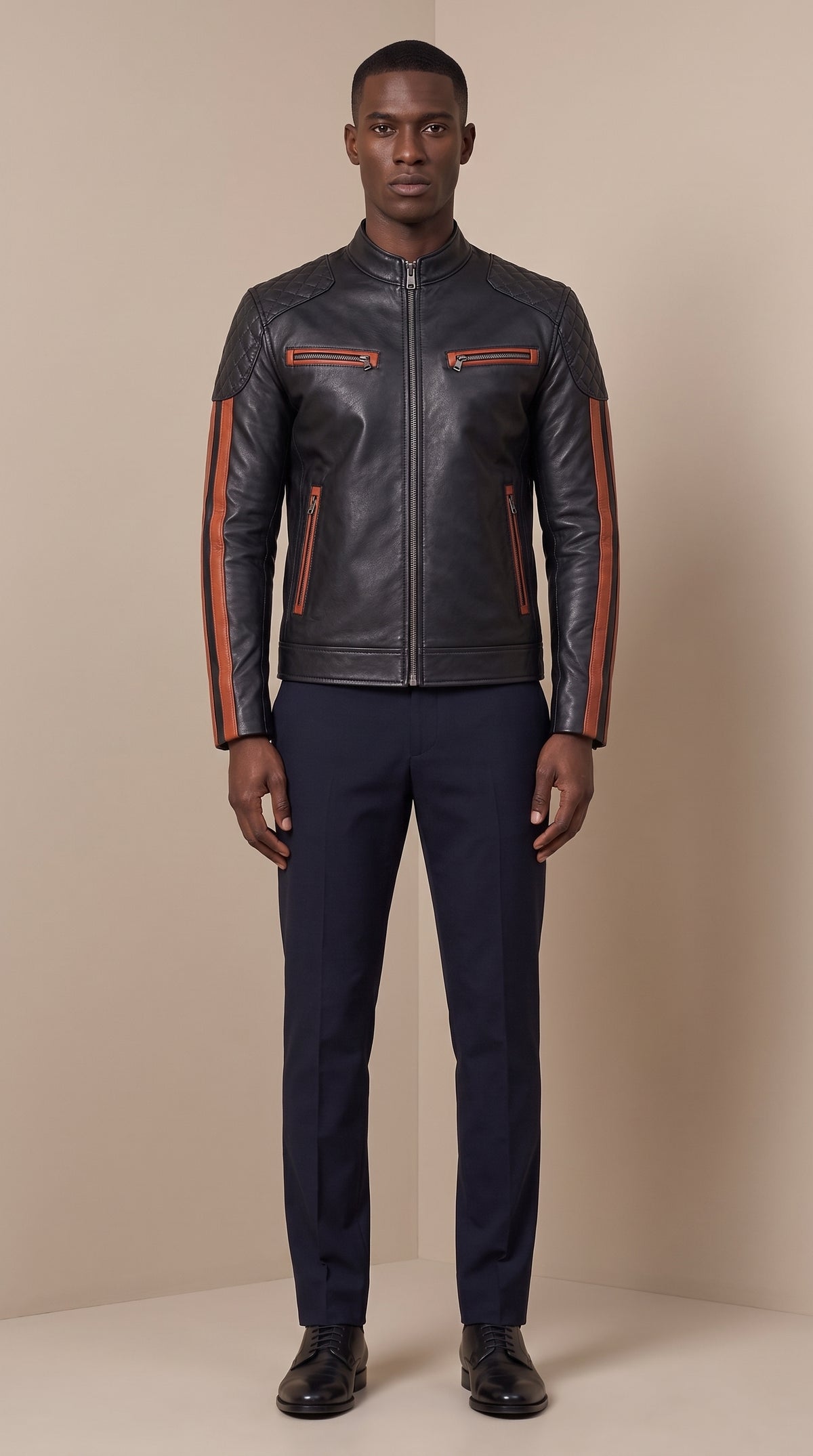 Racer en cuir d’agneau à bandes — Noir et cognac — Varenne