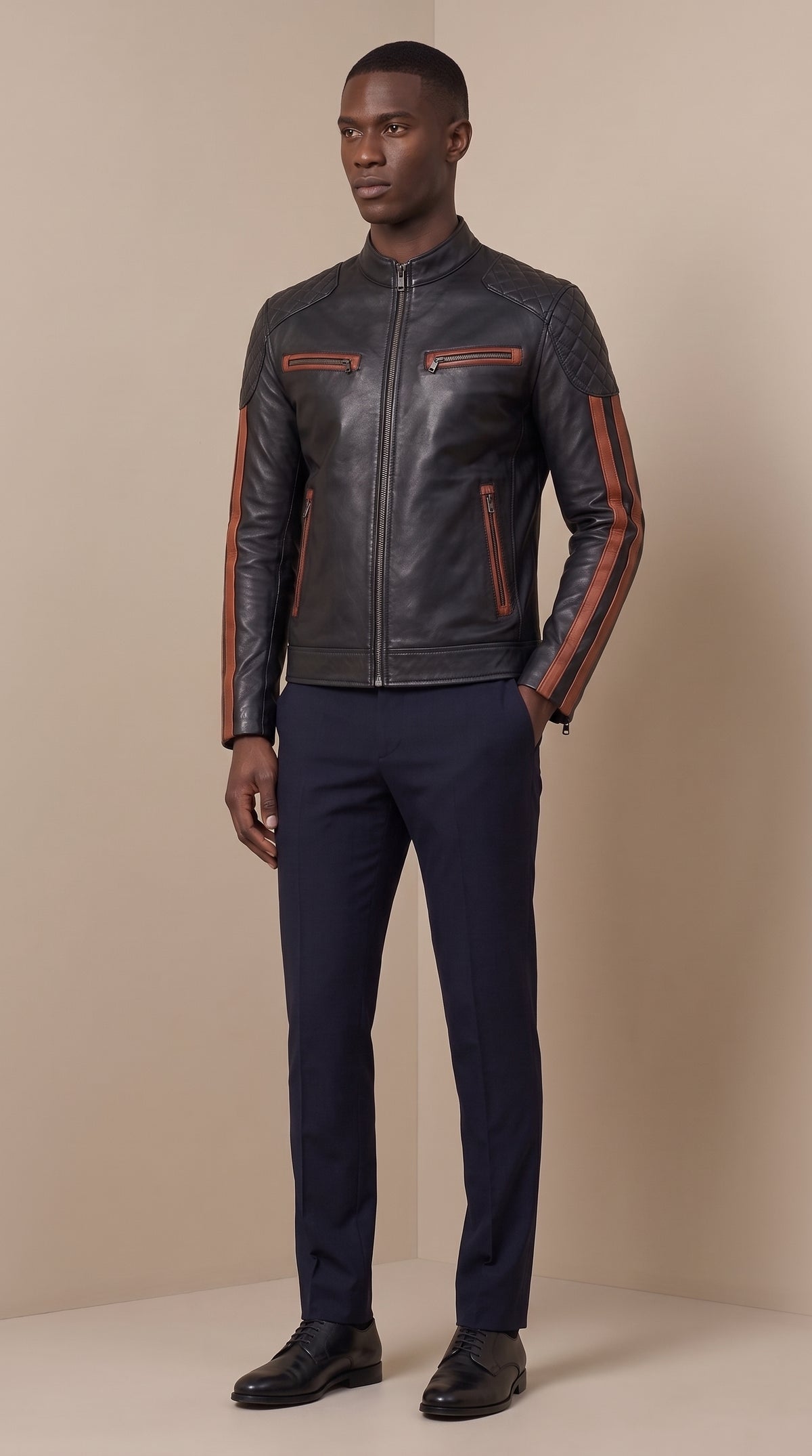 Racer en cuir d’agneau à bandes — Noir et cognac — Varenne