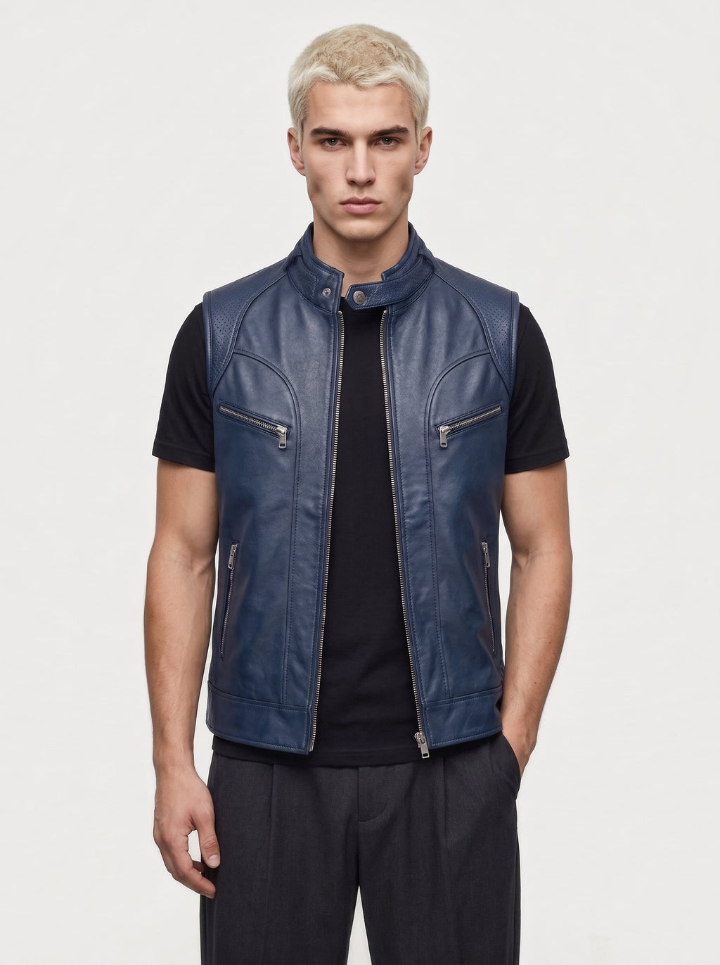 Gilet Racer en cuir Maison Varenne, coloris bleu nuit