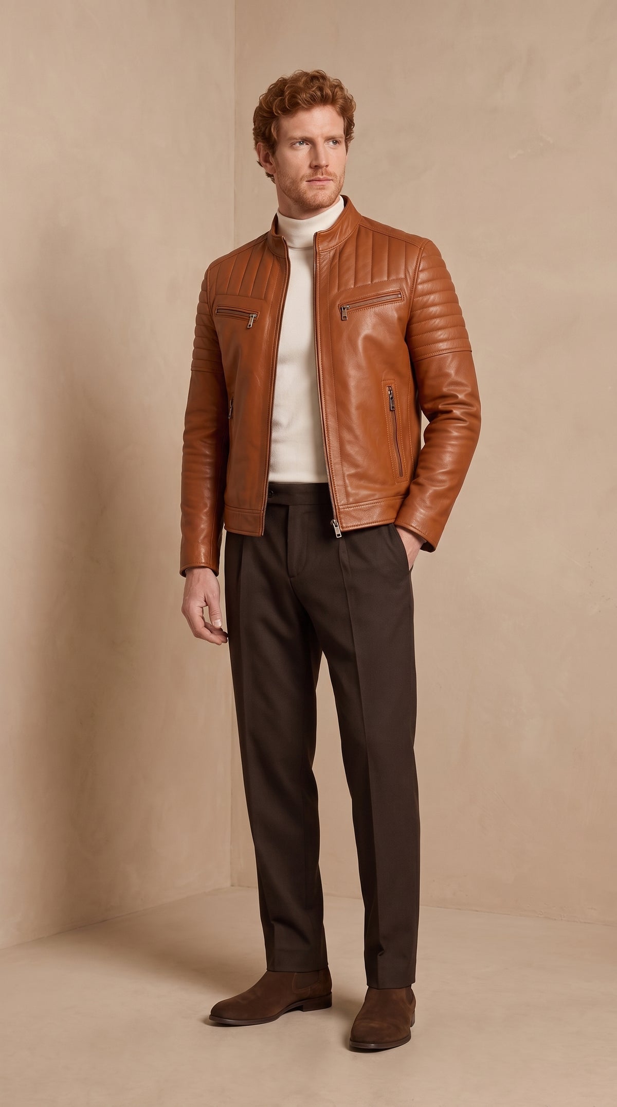Racer en cuir d’agneau matelassé — Cognac — Varenne