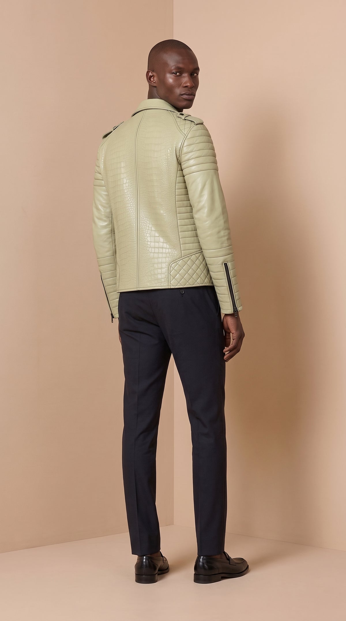 Perfecto en cuir d’agneau — Sauge effet croco — Varenne