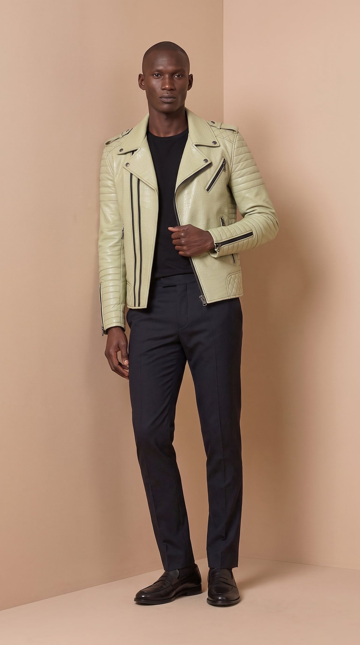 Perfecto en cuir d’agneau — Sauge effet croco — Varenne