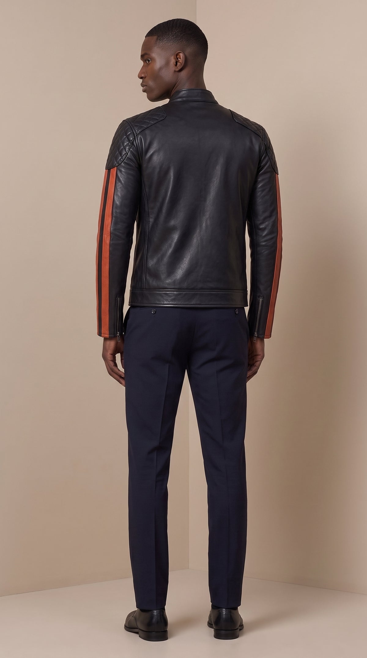Racer en cuir d’agneau à bandes — Noir et cognac — Varenne