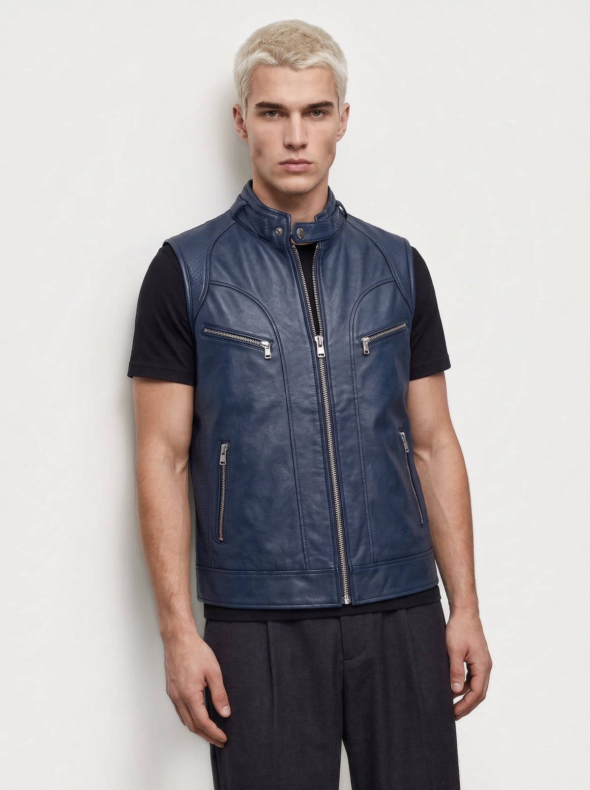Gilet Racer en cuir Maison Varenne, coloris bleu nuit