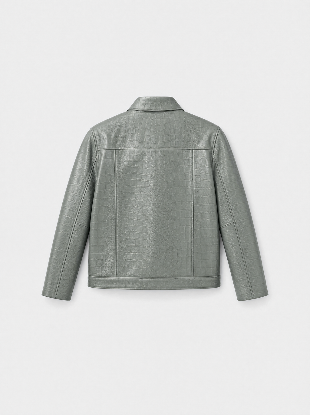 Men's sage croc-effect lambskin leather overshirt, back view