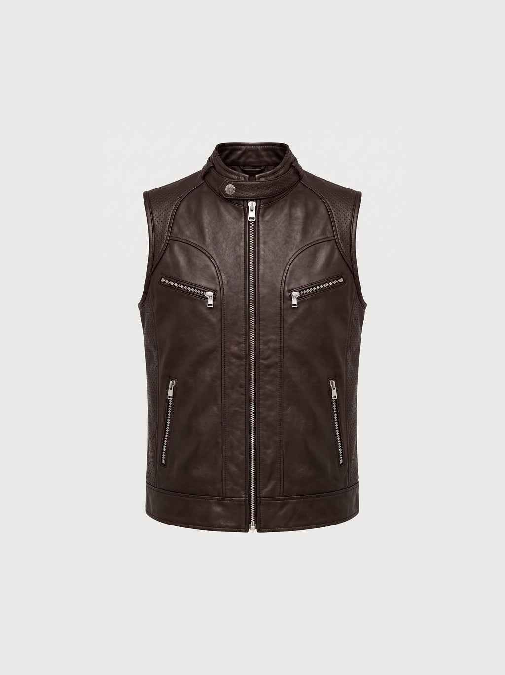 Men's brown leather racer vest, front view