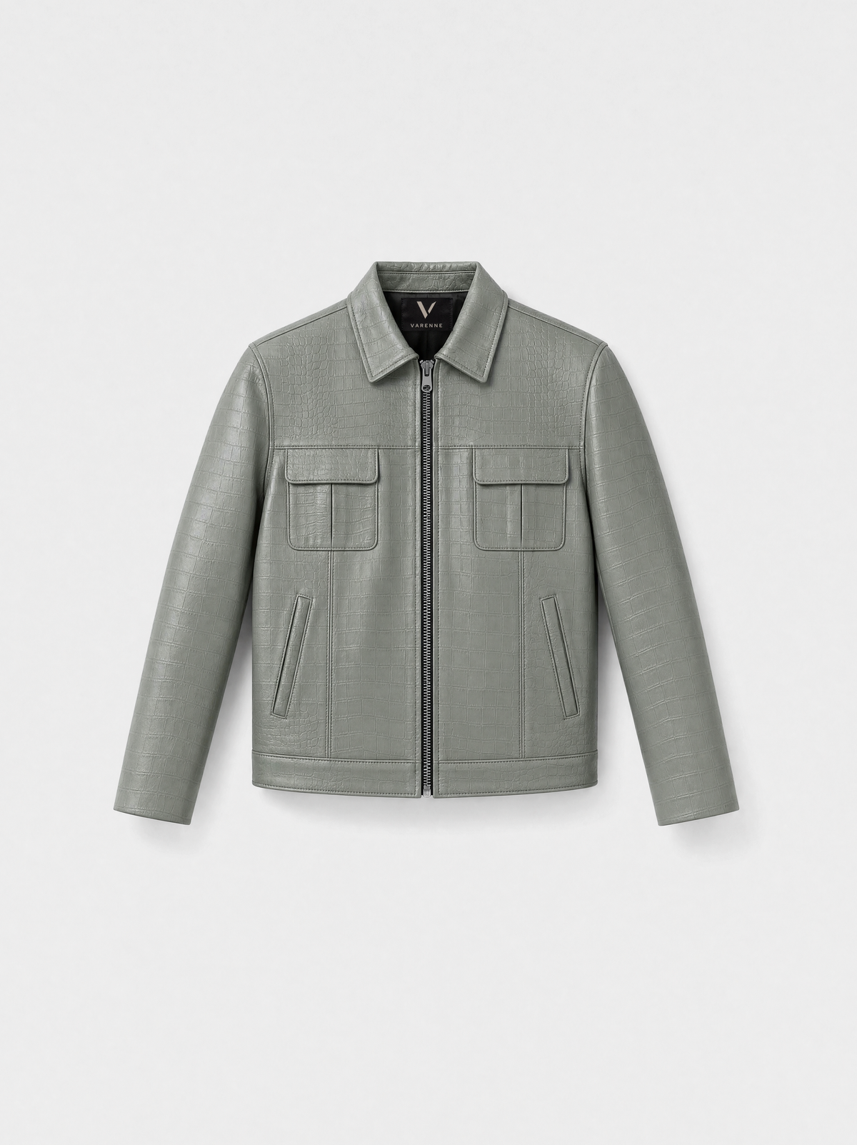 Veste-chemise Varenne en cuir d'agneau sauge effet croco, vue de face
