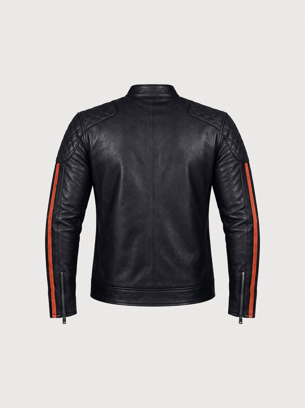 Men's black and cognac striped lambskin racer jacket, back view