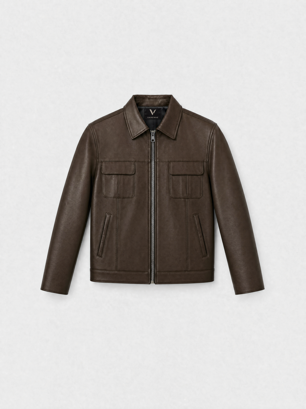 Men's smooth chocolate lambskin leather overshirt, front view