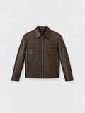 Men's smooth chocolate lambskin leather overshirt, front view