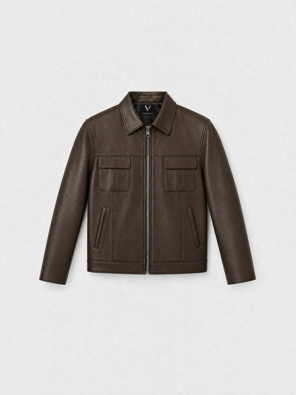 Veste-chemise Varenne en cuir d'agneau chocolat lisse, vue de face