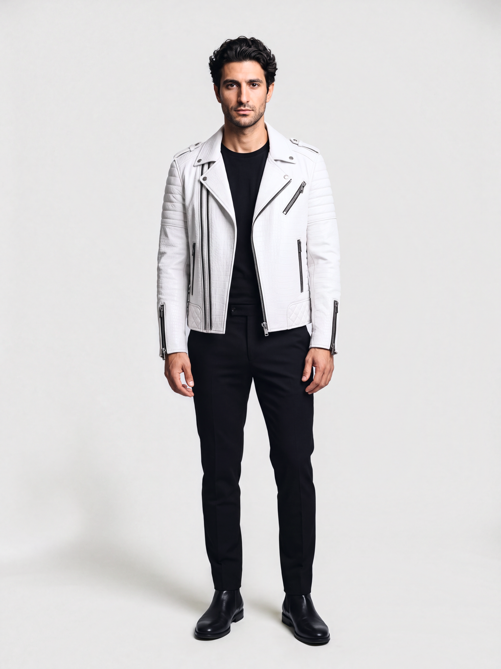 Men's white croc-effect lambskin biker jacket, worn by a model