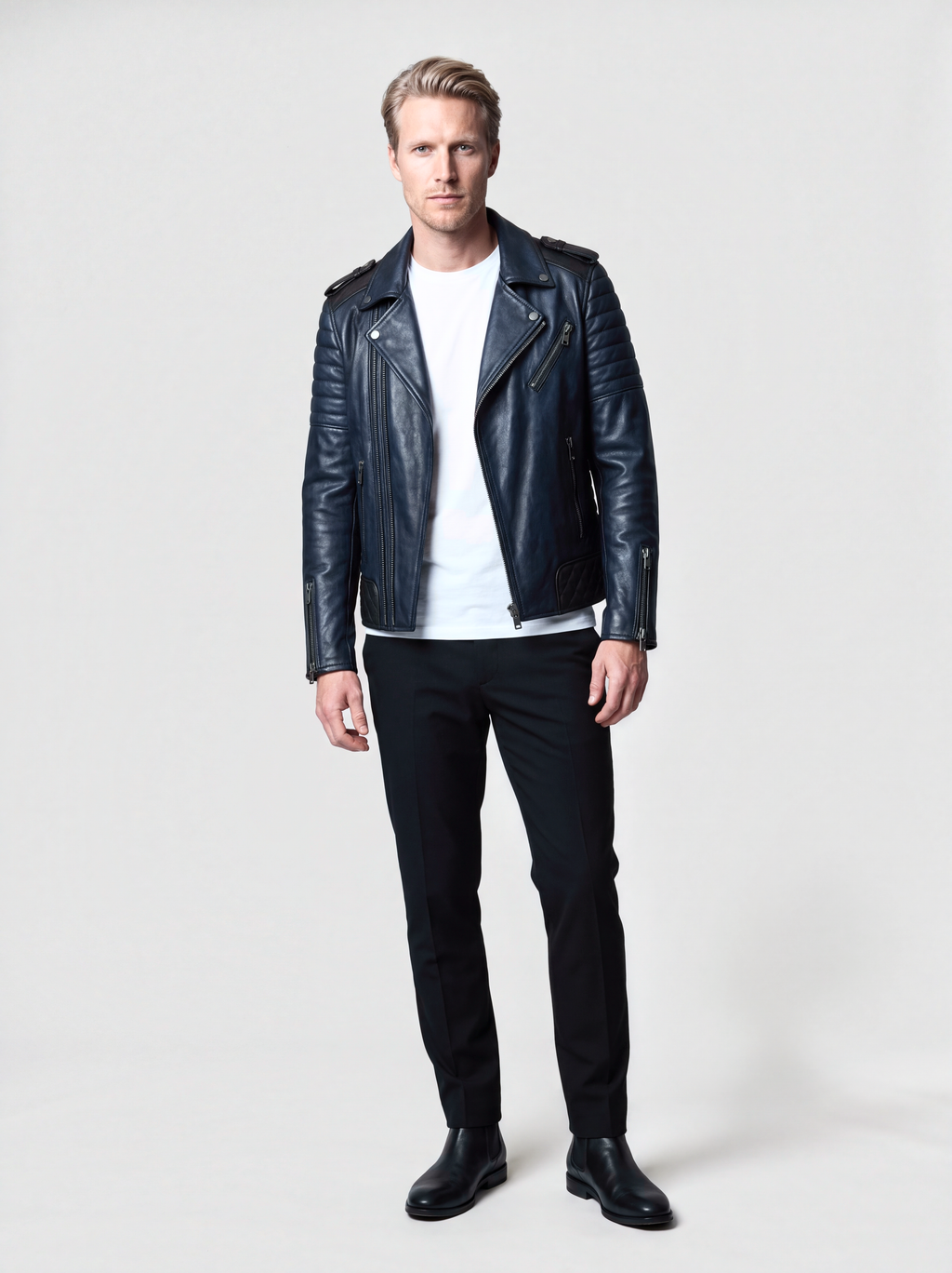 Men's patinated midnight blue lambskin biker jacket, worn by a model