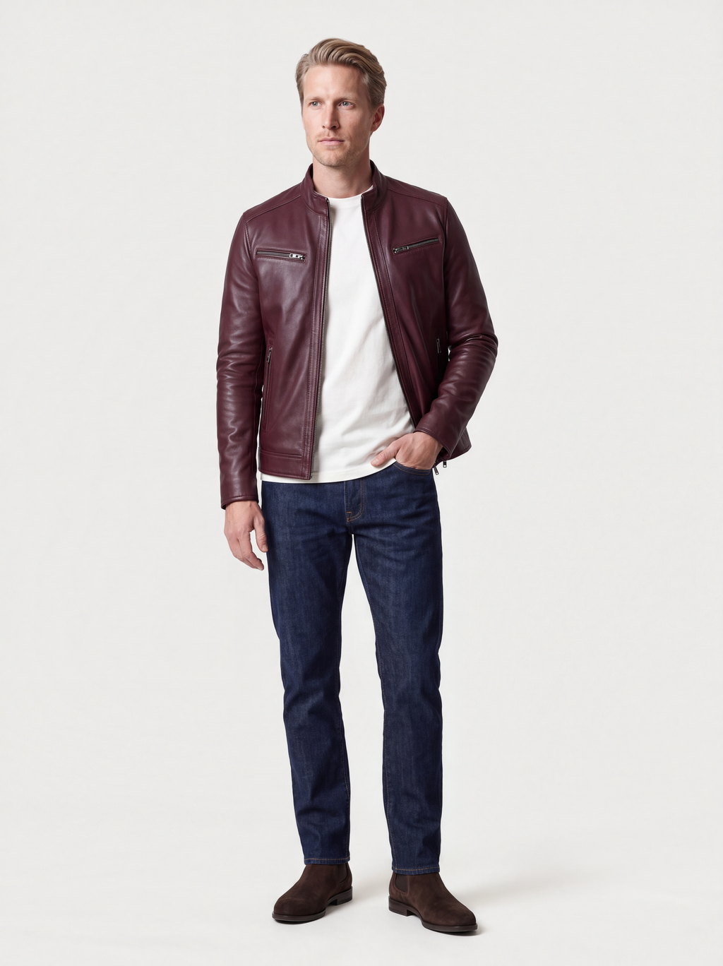 Men's burgundy cowhide leather jacket, worn open by a model