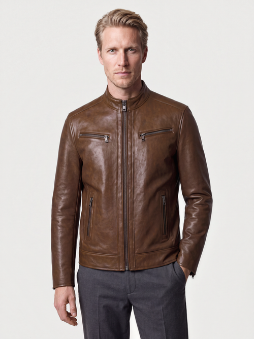 Blouson zippé Varenne en cuir d'agneau brun tabac porté, vue de face