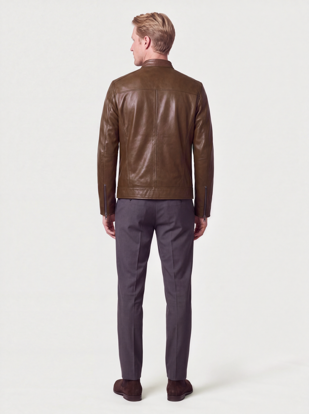 Blouson zippé Varenne en cuir d'agneau brun tabac porté, vue de dos