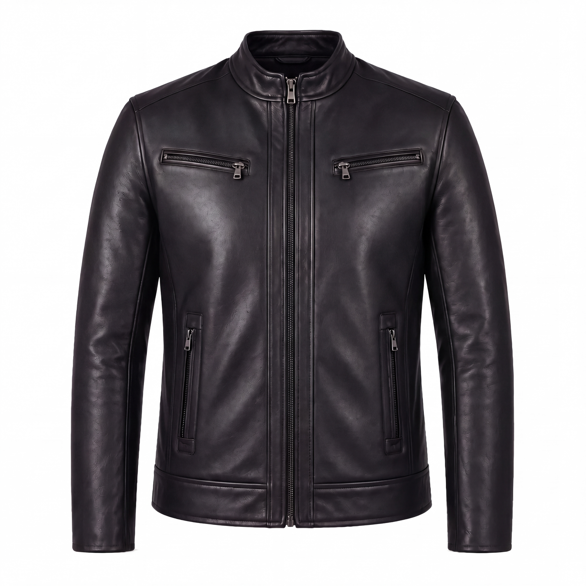 Blouson zippé en cuir d’agneau — Noir — Varenne, vue de face