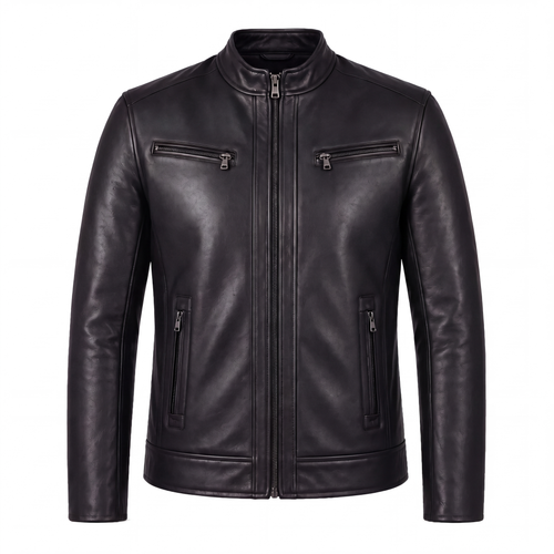 Blouson zippé en cuir d’agneau — Noir — Varenne, vue de face