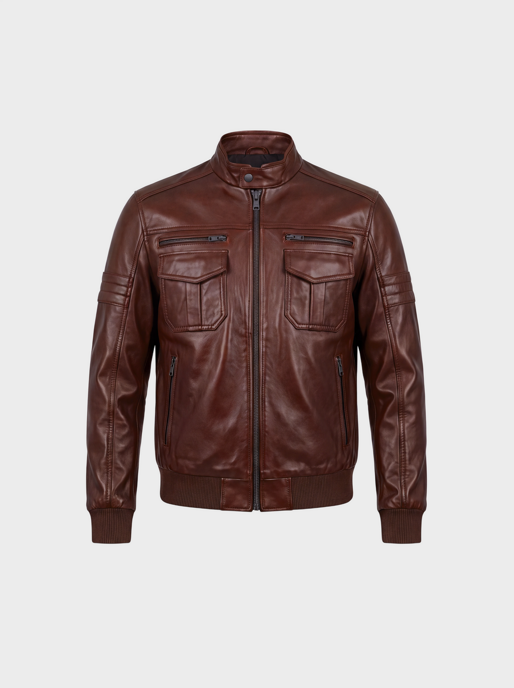 Men's chocolate brown cowhide leather bomber jacket, front view