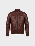 Men's chocolate brown cowhide leather bomber jacket, front view