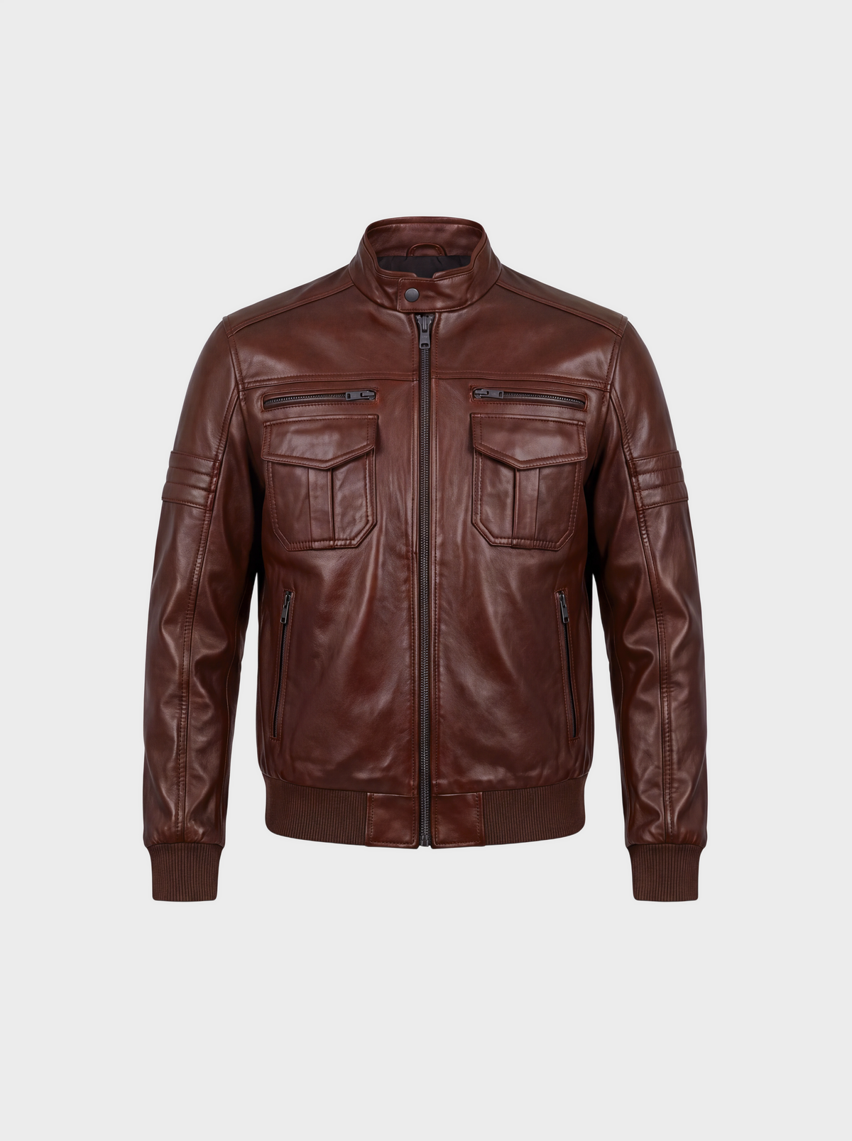 Bomber en cuir de vachette marron chocolat, vue de face