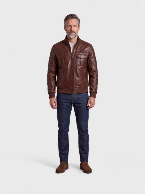 Men's chocolate brown cowhide leather bomber jacket, worn, front view