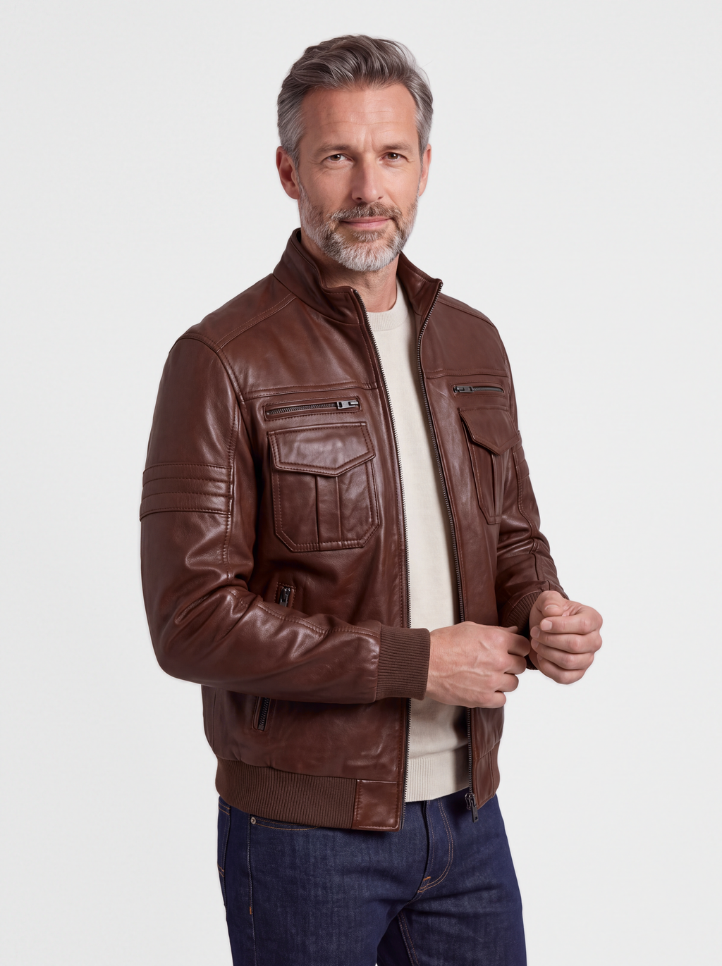 Men's chocolate brown cowhide leather bomber jacket, worn, three-quarter view