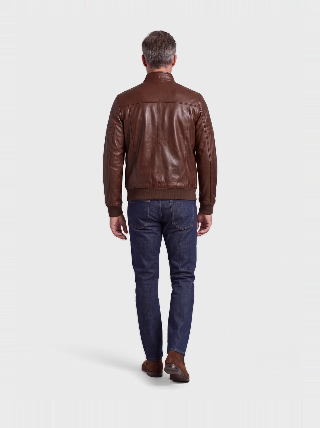 Men's chocolate brown cowhide leather bomber jacket, worn, back view
