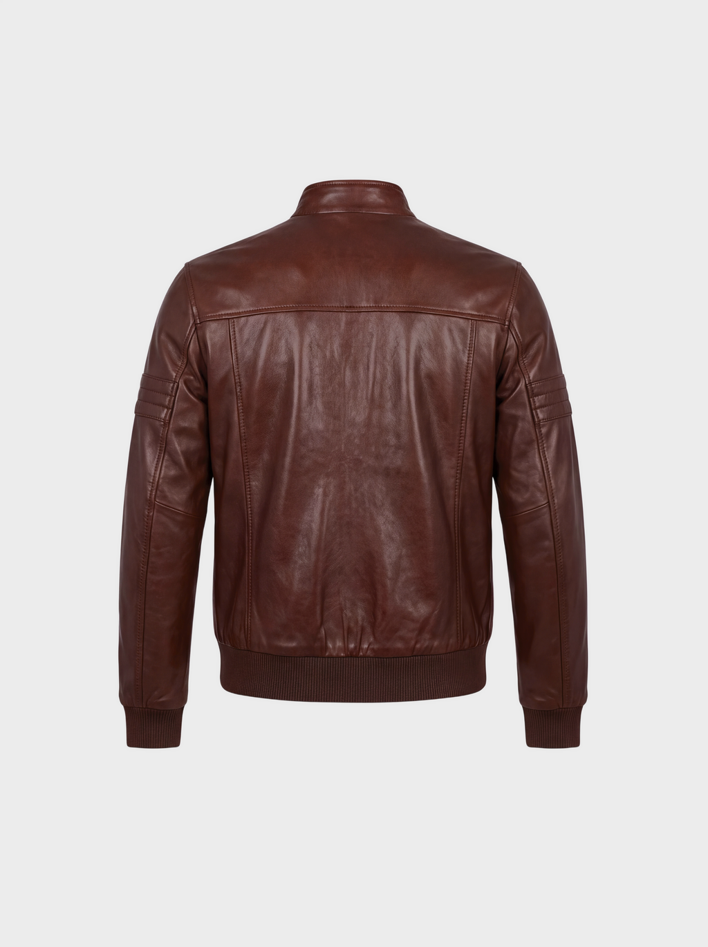 Men's chocolate brown cowhide leather bomber jacket, back view