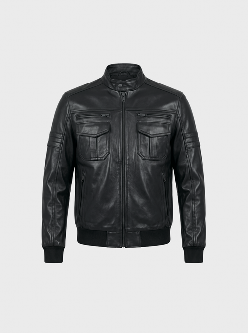 Men's black cowhide leather bomber jacket, front view