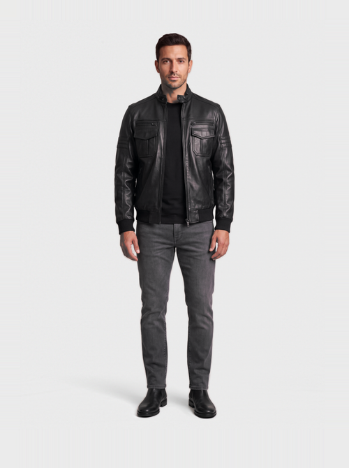 Men's black cowhide leather bomber jacket, worn, front view