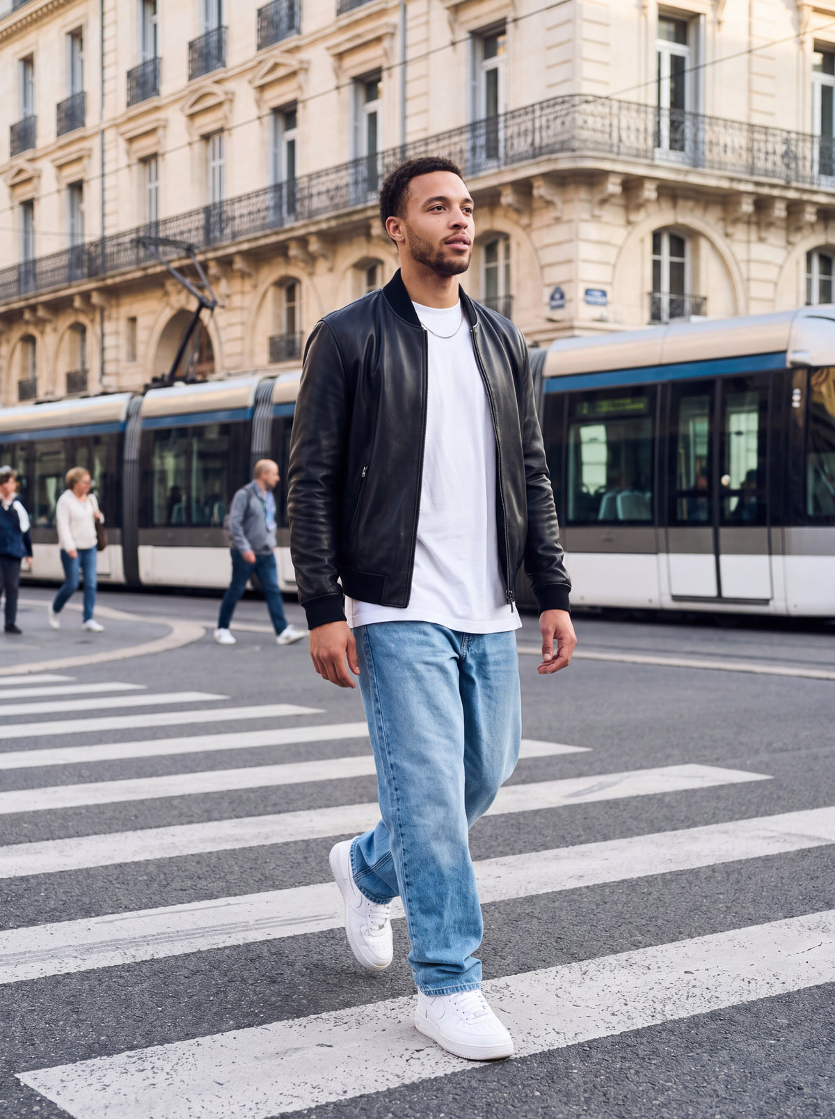 Bomber Varenne en cuir d'agneau noir col rond porté sur un passage piéton de la Canebière, à Marseille
