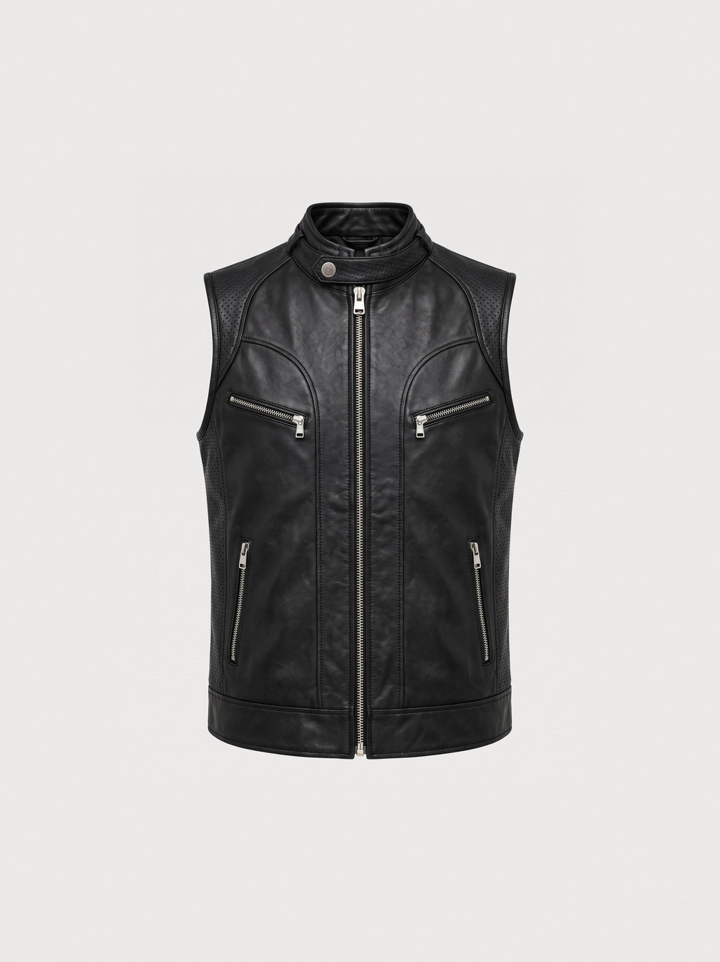 Men's black leather racer vest, front view