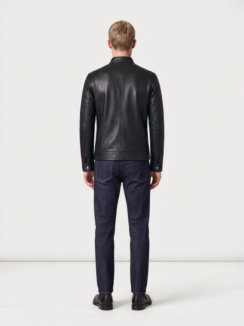 Café Racer épuré Varenne en cuir d'agneau noir porté, vue de dos