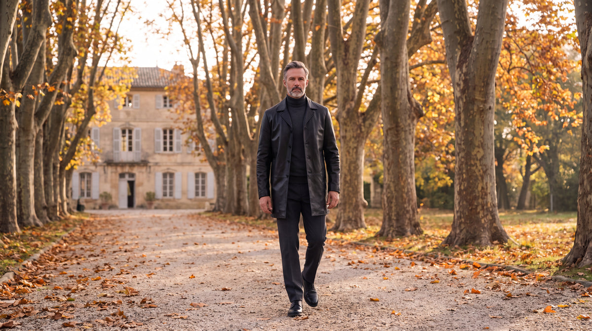 Manteau OSCAR Varenne en cuir d'agneau noir porté dans une allée de platanes d'un domaine provençal, près de Marseille
