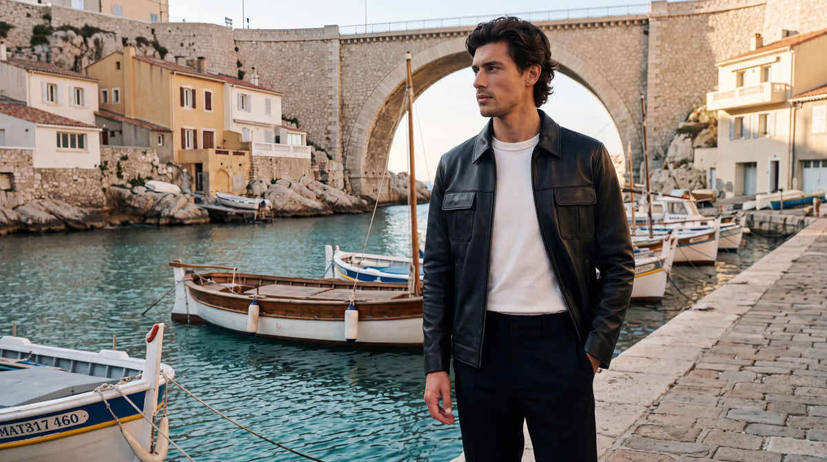 Veste-chemise Varenne en cuir d'agneau noir lisse portée au Vallon des Auffes, à Marseille