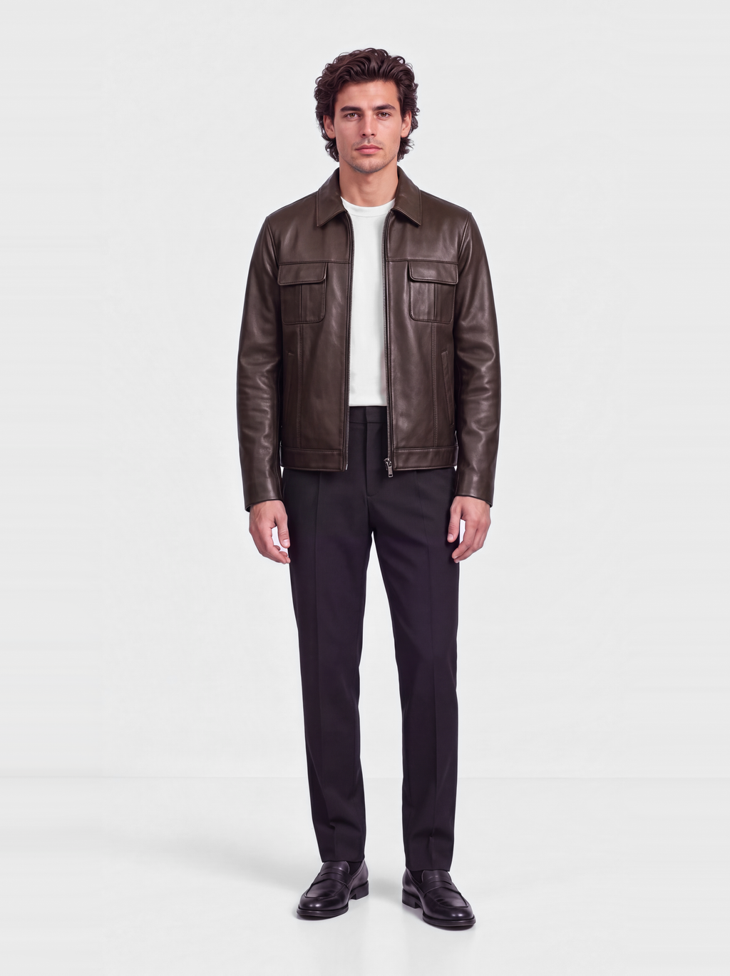 Men's smooth chocolate lambskin leather overshirt, worn by a model