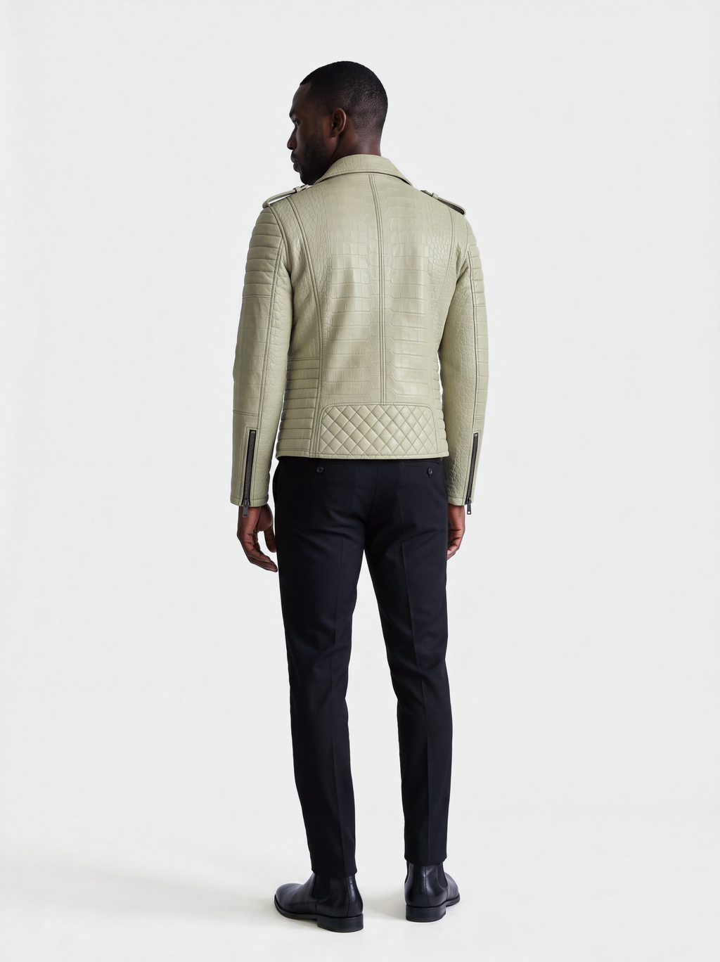 Men's sage croc-effect lambskin biker jacket, worn, back view
