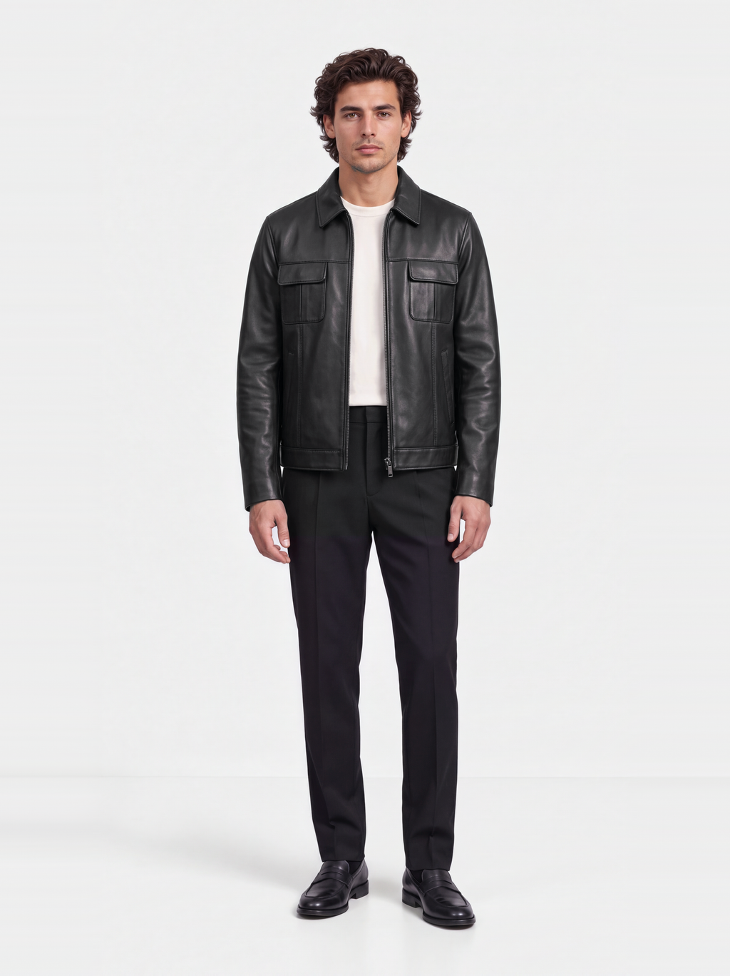 Men's smooth black lambskin leather overshirt, worn by a model
