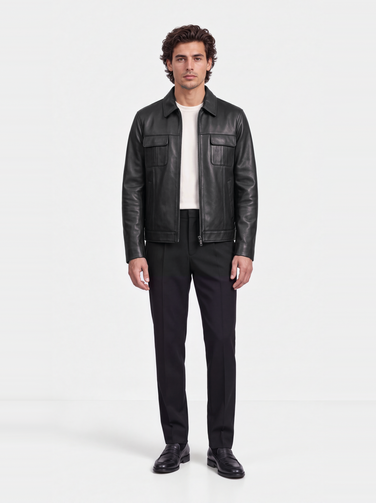 Veste-chemise Varenne en cuir d'agneau noir lisse, portée par un mannequin