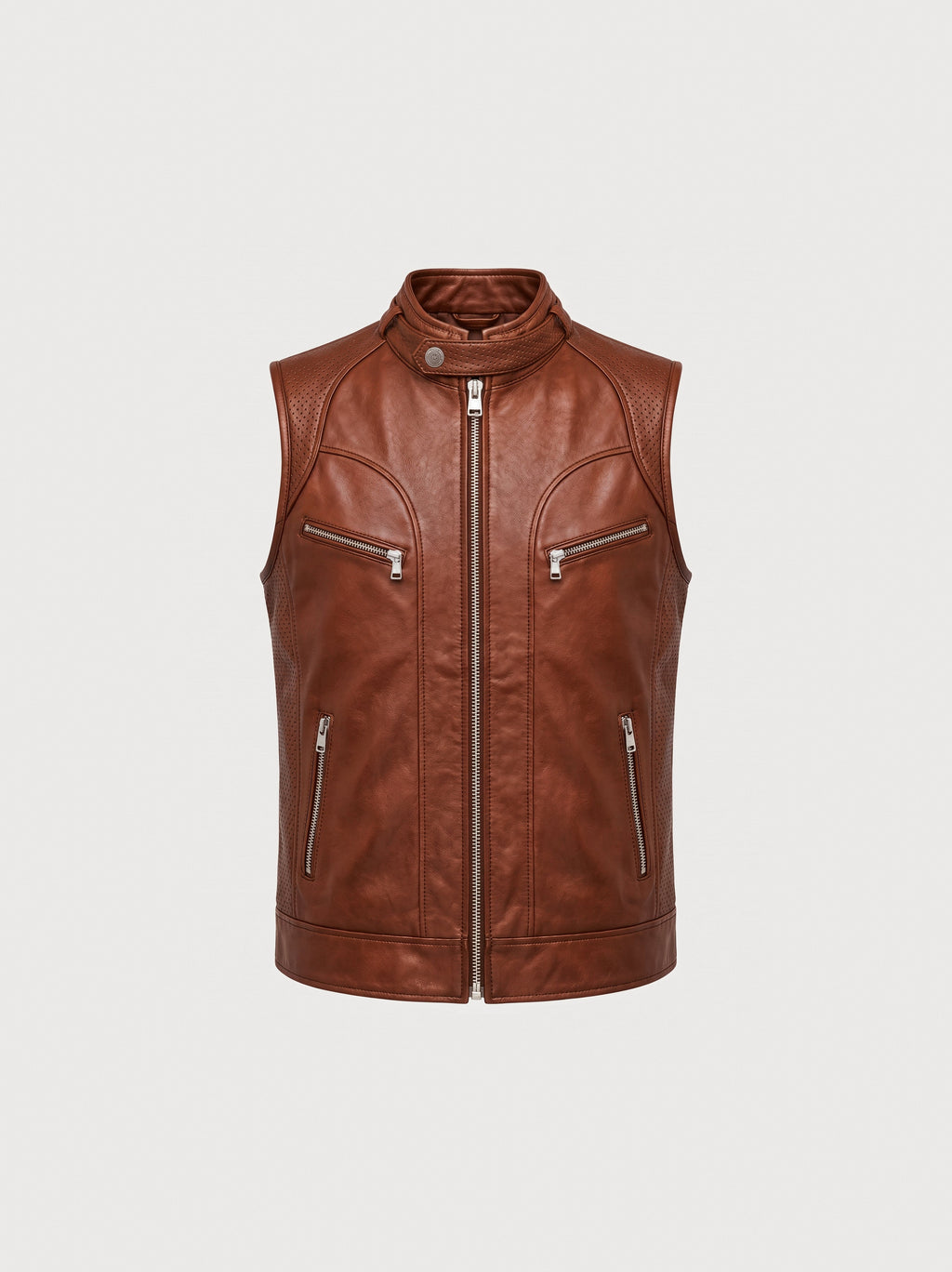 Men's cognac leather racer vest, front view
