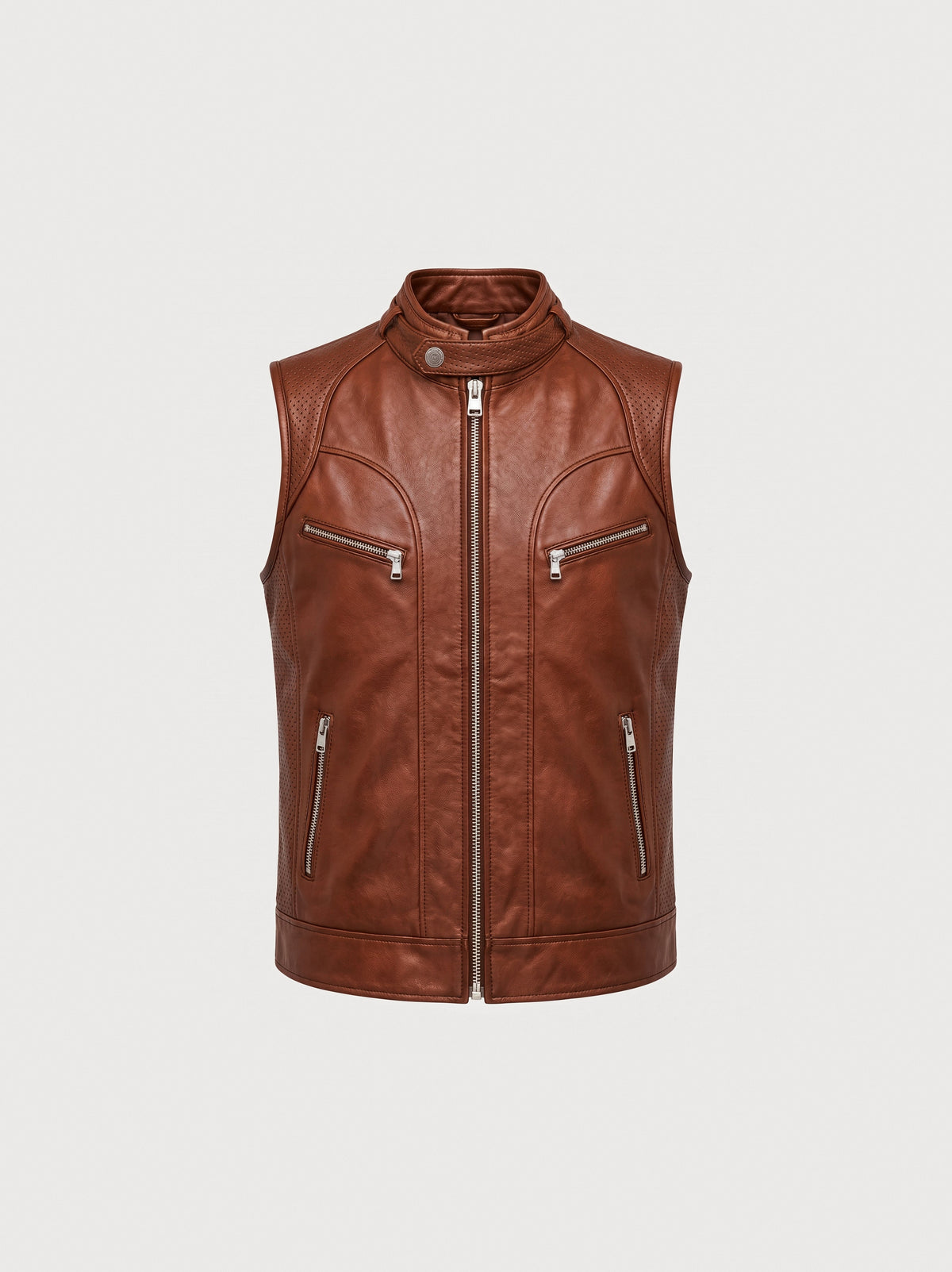 Gilet Racer en cuir cognac Maison Varenne, vue de face